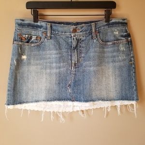 Distressed Denim Skirt with White Scalloped Trim